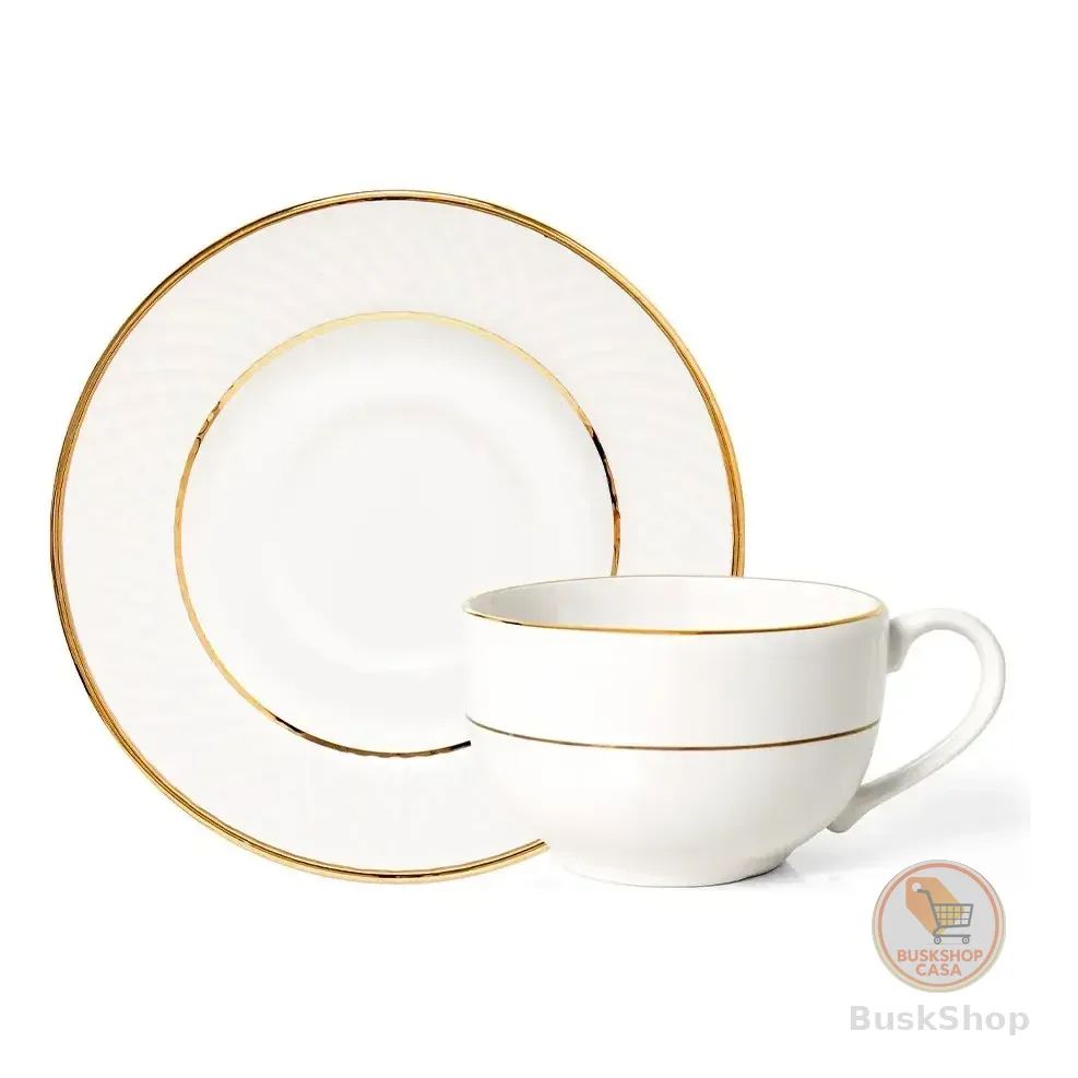 Xícara Com Pires Copa E Cia Aquarelle Em Cerâmica Filetado Branco Com Filete Dourado