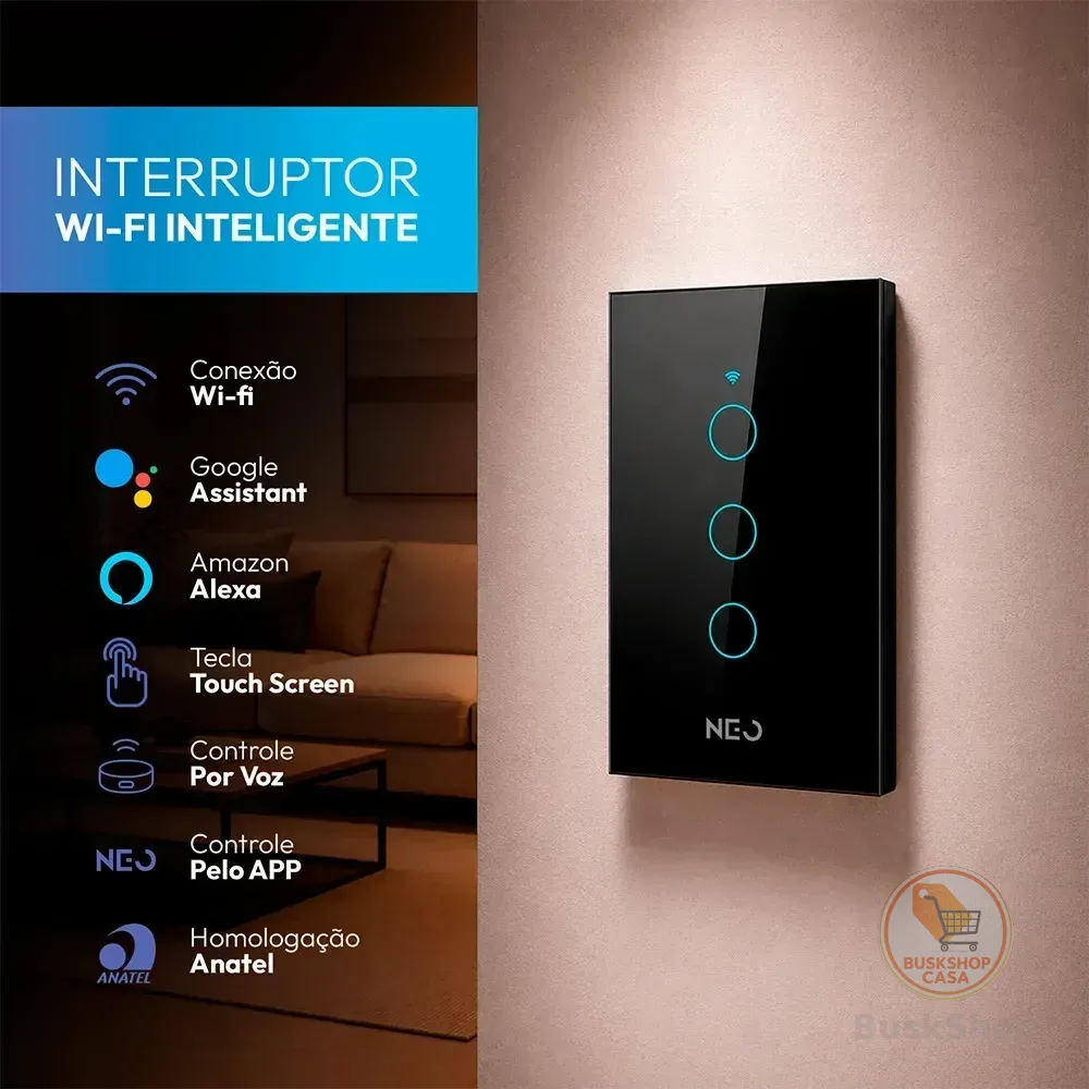 Interruptor Inteligente Wifi 4x2 Touch 3 Botões Alexa Google Cor Preto Neo By Avant Preto 3 127/220v