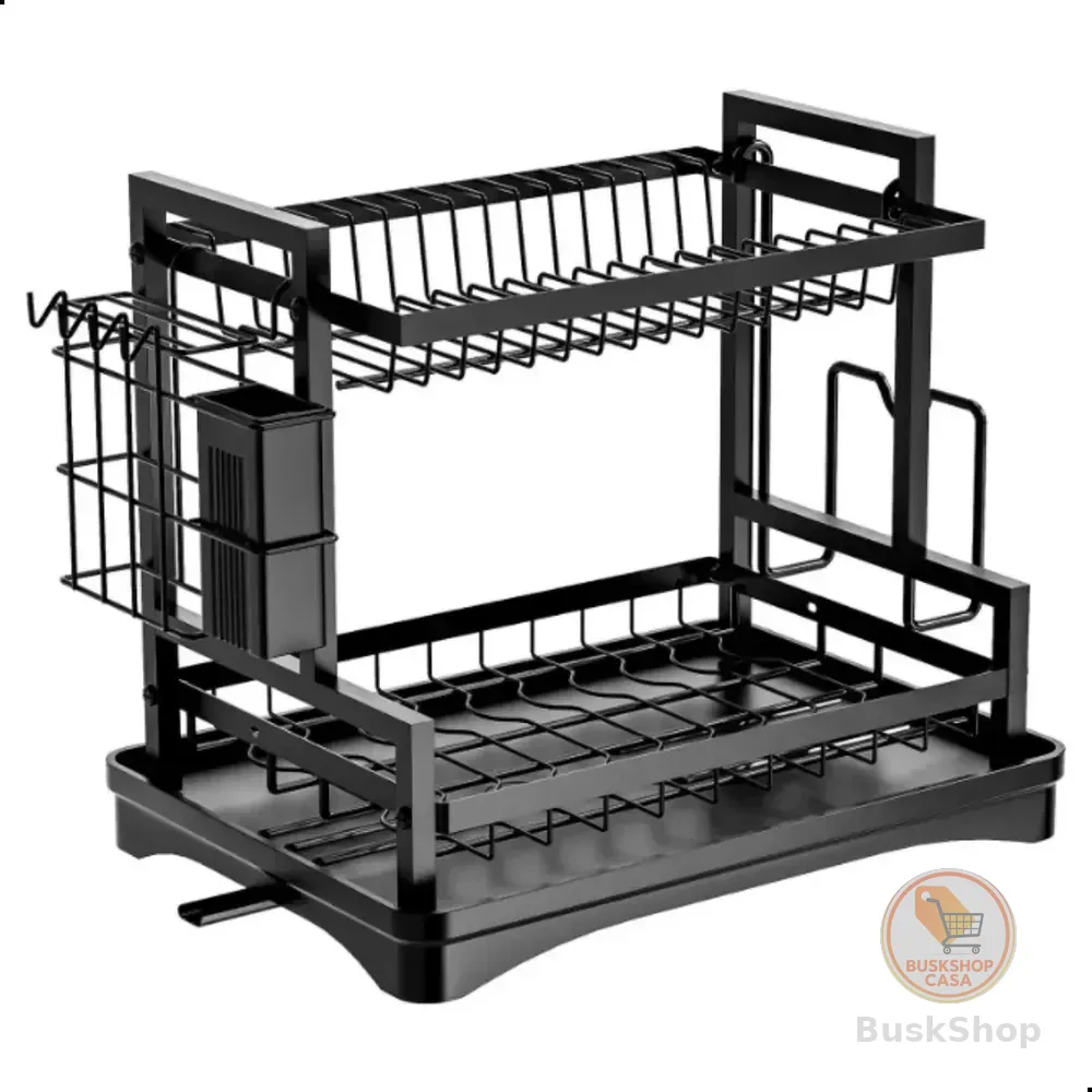 Escorredor Louças Drenagem Automática 360° 2 Níveis Metal Preto