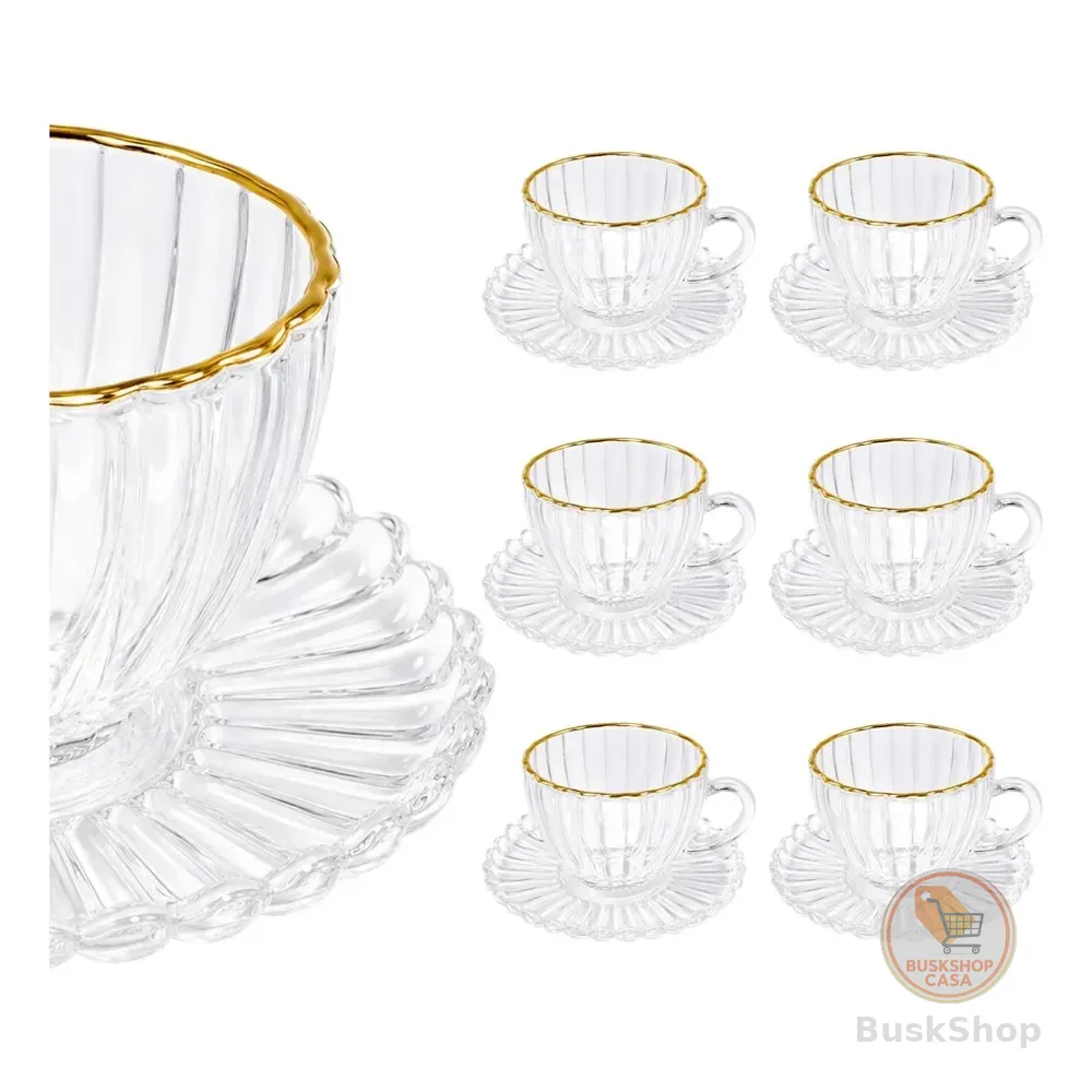 Jogo De Xícaras De Vidro Borda De Ouro Com Pires 12 Peças Clear Oxford 200ml