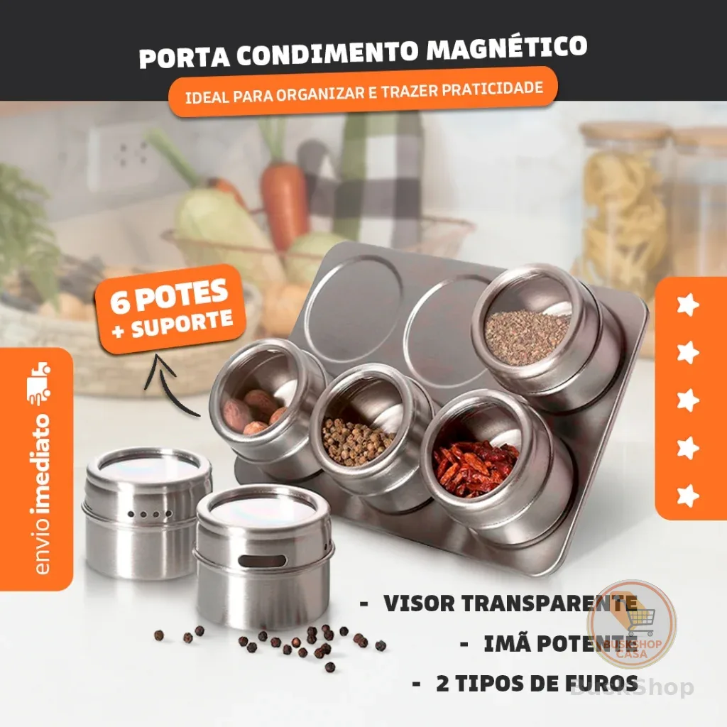Porta Condimento Magnético 6 Peças Tempero Aço inox