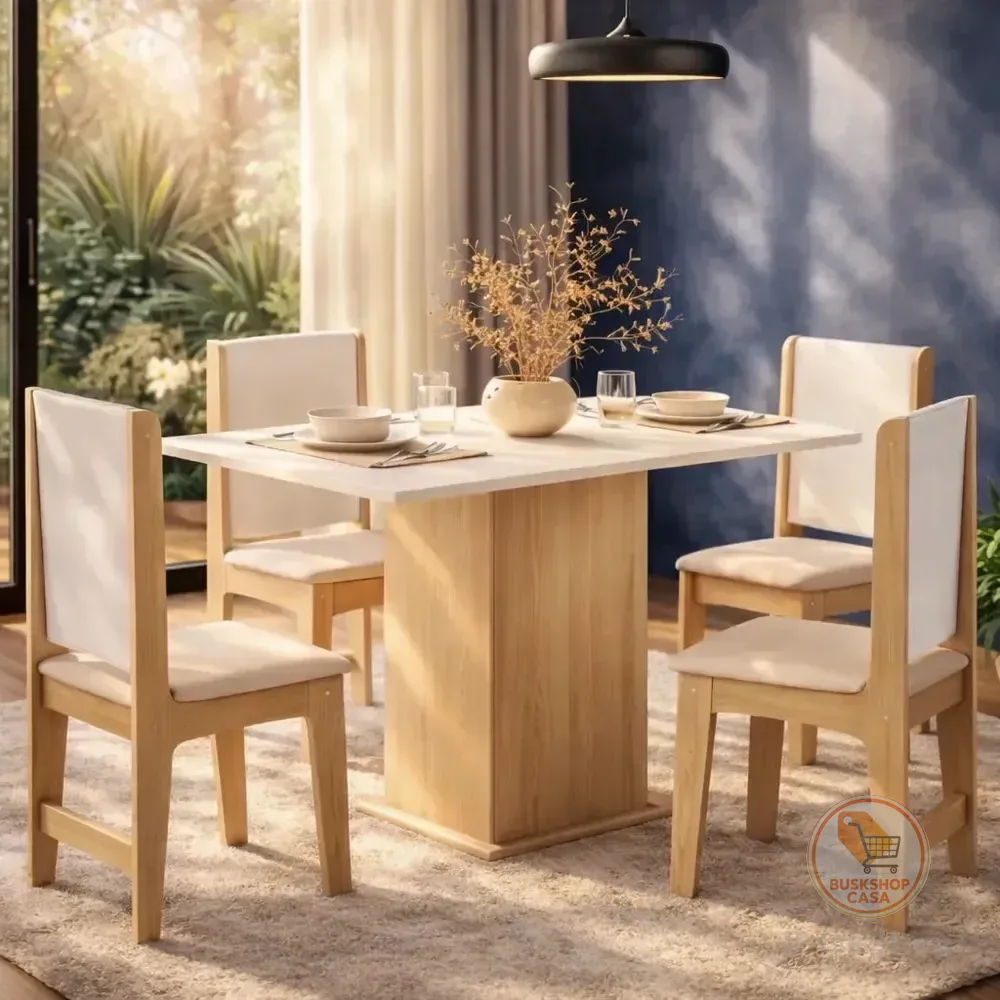 Conjunto De Sala De Jantar Cindy Para 4 Cadeiras, Mesa Retangular Off White E Mel Mel Off Liso