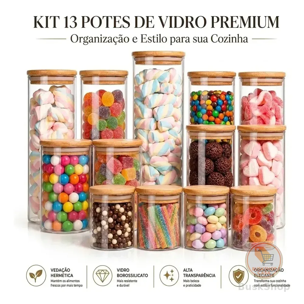Kit 13 Potes Herméticos De Vidro Com Tampa De Bambu Vedação Silicone Empilháveis Alta Resistência Porta Mantimentos Organizador De Cozinha Para Café Açúcar Grãos E Alimentos - Sayonara Transparente