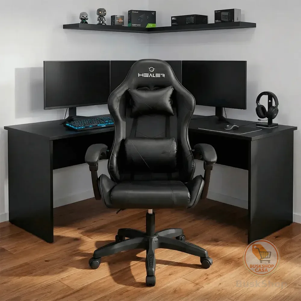 Cadeira Gamer Wells Preta Healer Preto Couro Sintético