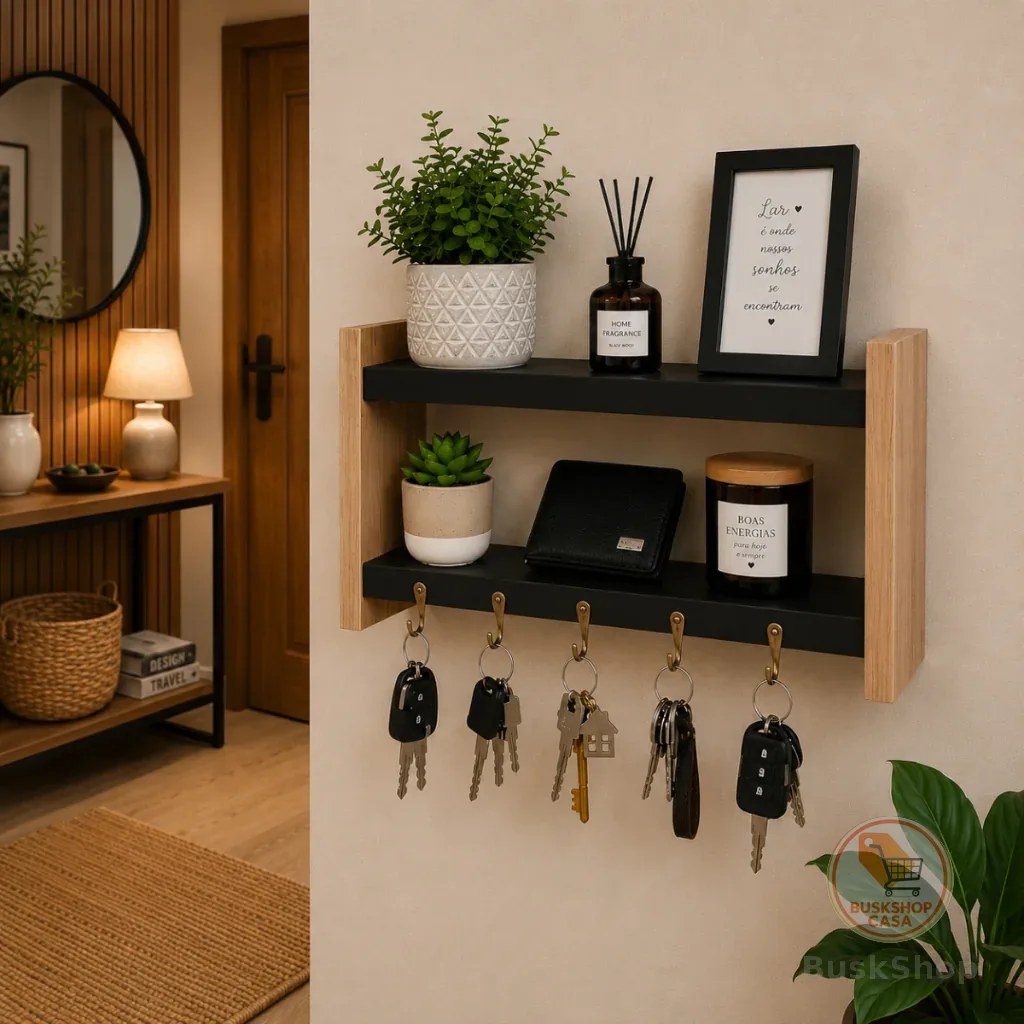 Porta Chaves de Parede com Prateleira Organizador MDF Branco 5 Ganchos Decorativo