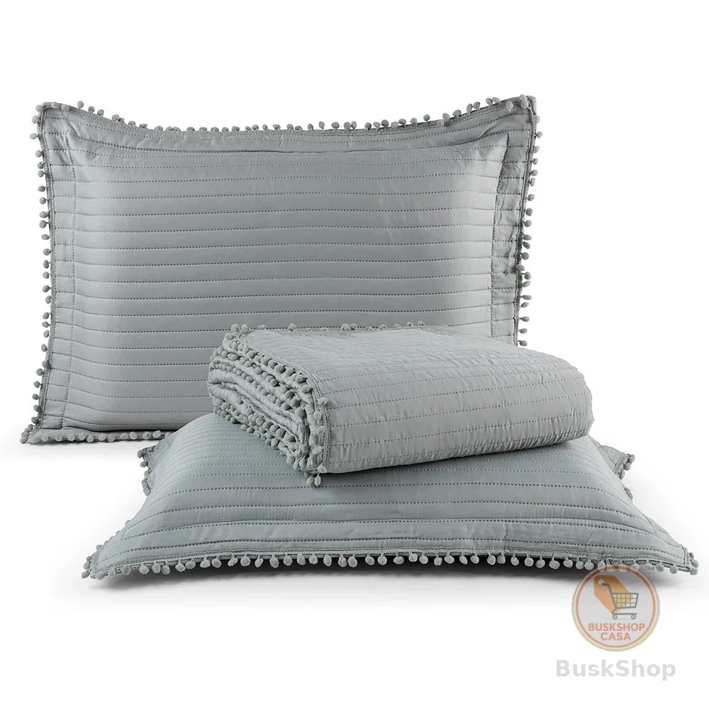 Kit Cobre Leito Colcha Casal Solteiro Queen King 3 e 2 Peças Matelado PomPom 300 Fios Porta Travesseiro