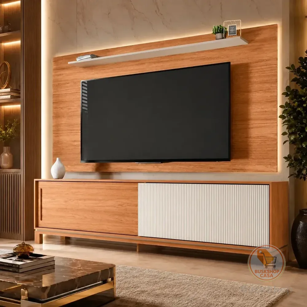 Rack Com Painel Caemmun Flora 1,80m Freijó Off White Para Tv Até 65 2 Portas De Correr Microripado Moderno