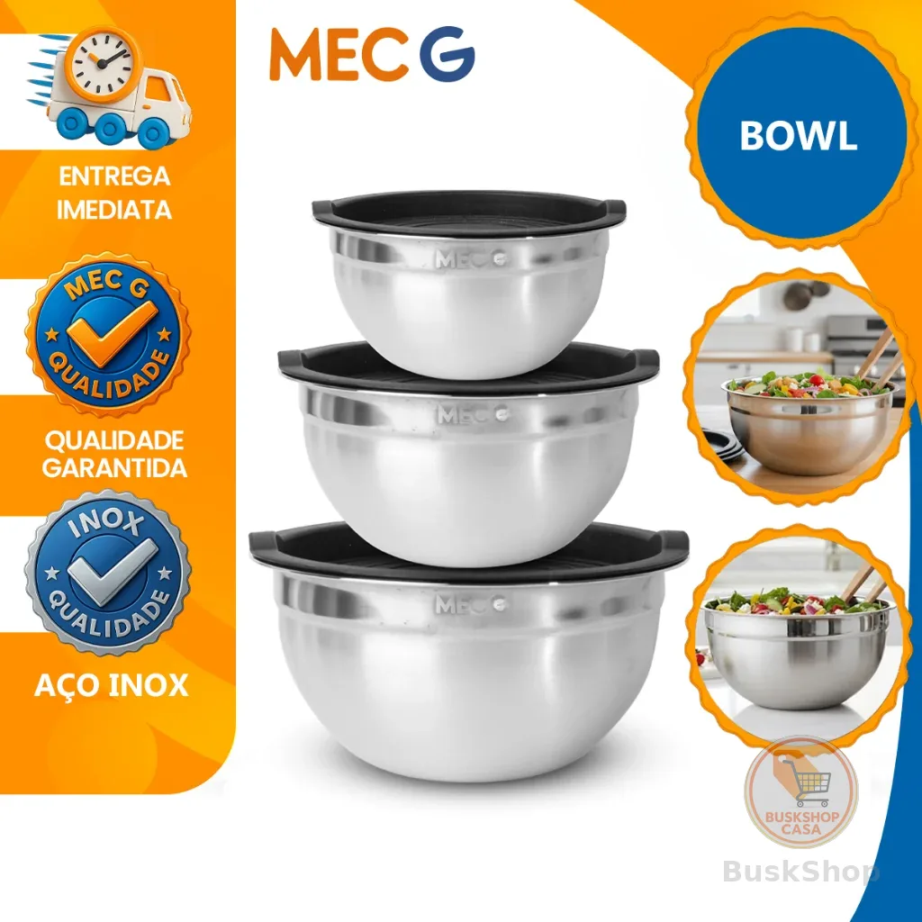 Kit de Tigelas em Aço Inox com Tampa Bowl Bacia Vasilha e Cumbuca em 3 Tamanhos Conjunto Saladeira