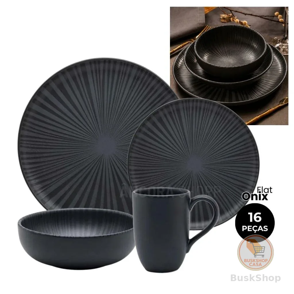 Jogo de Jantar Chá Café 16 Peças Flat Onix Aparelho de Janta Oxford Caneca 360ml Prato Tigela Bowl