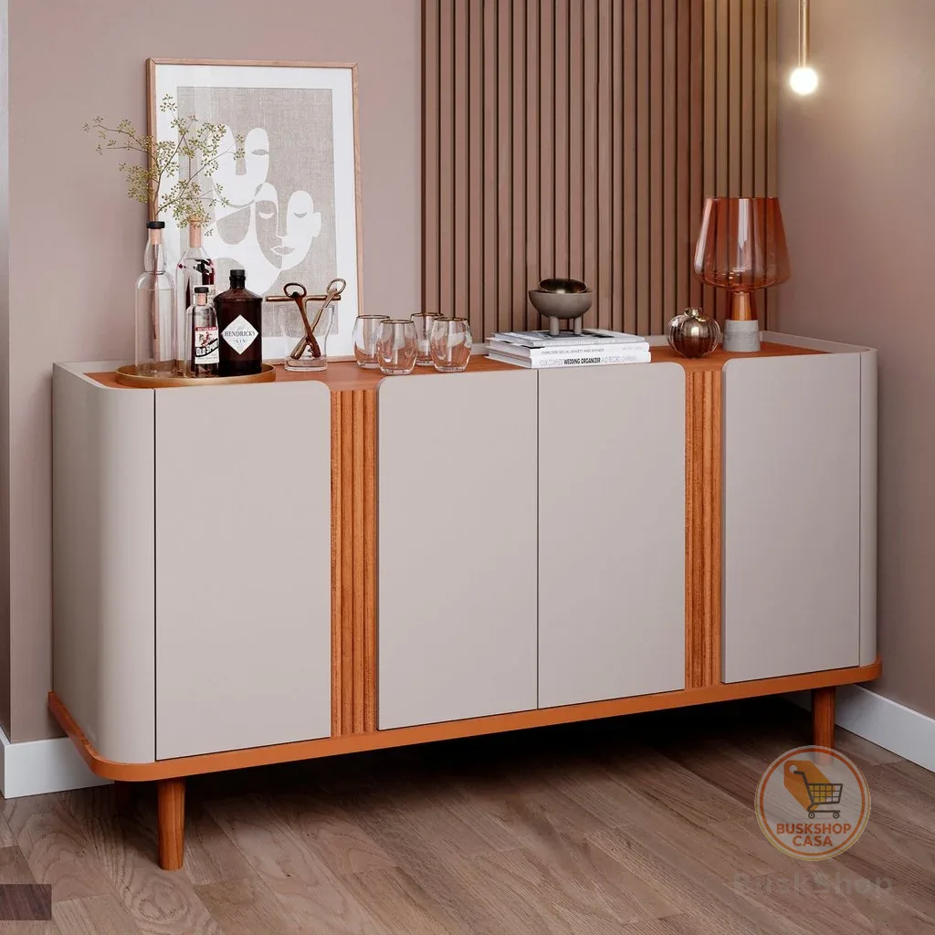 Buffet Aparador de Sala de Jantar 4 Portas com Pés de Madeira Maciça Eva Marrom/Off White/Cinamomo Off White/Cinamomo