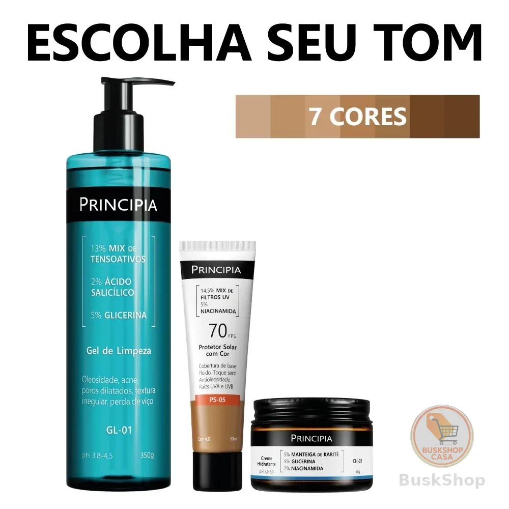 Principia Kit Limpa Hidrata e Protege c/ Gel de Limpeza GL-01 + Creme Hidratante CH-01 + Protetor Cor PS-05 FPS 70