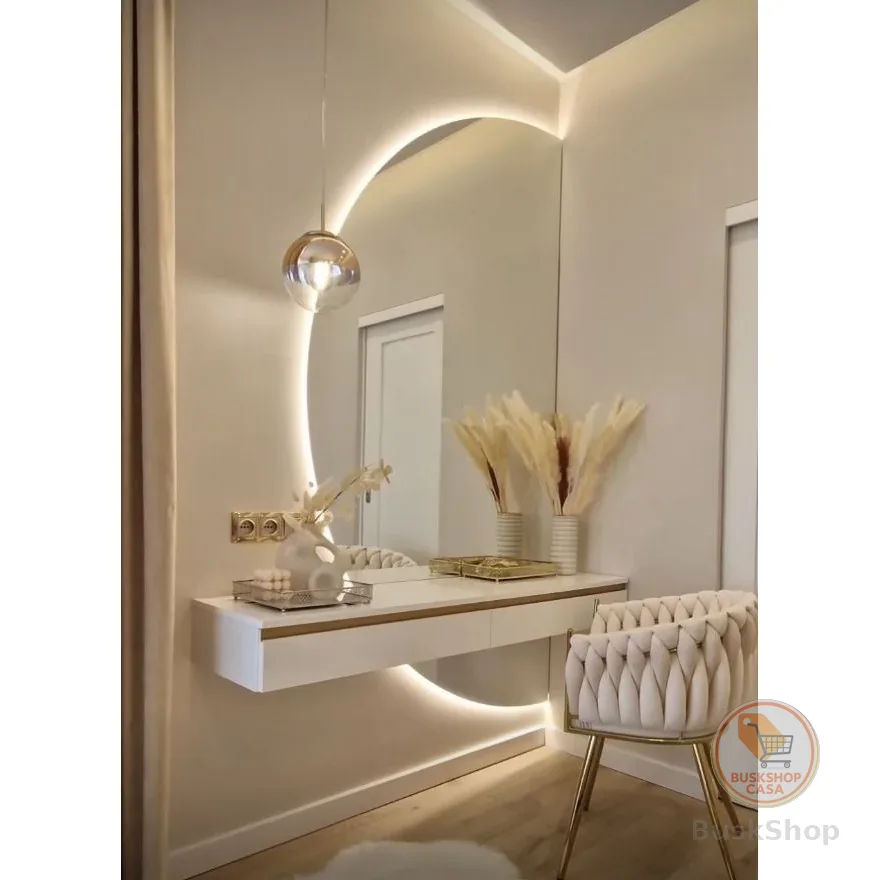 Espelho Orgânico Luz Led Meia Lua de Vidro Lapidado Espelho Para Banheiro Espelho Para Quarto Espelho Para Sala