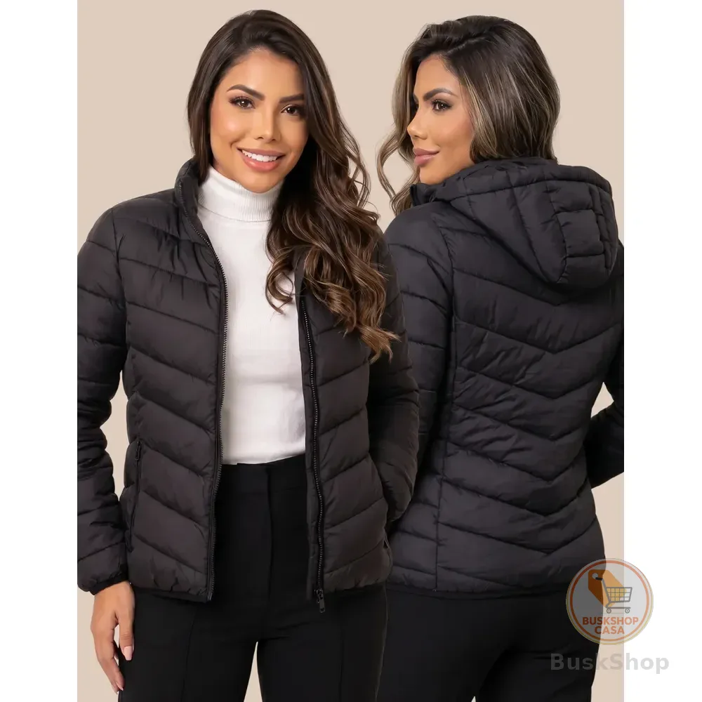 Jaqueta Feminina Puffer Impermeável Capuz Inverno Frio Preto M(38/40)