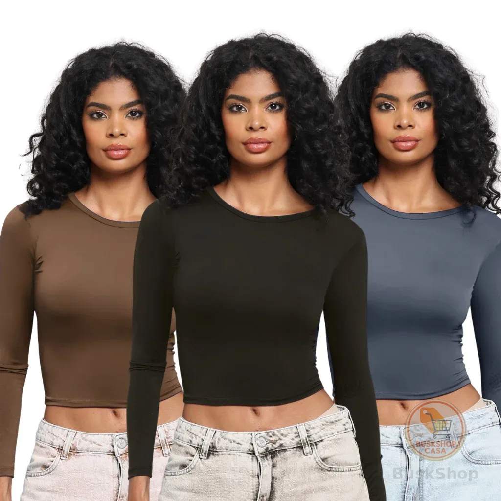 KIT 3: Blusa Feminina de Manga Longa - Meia Estação de Compressão Colada