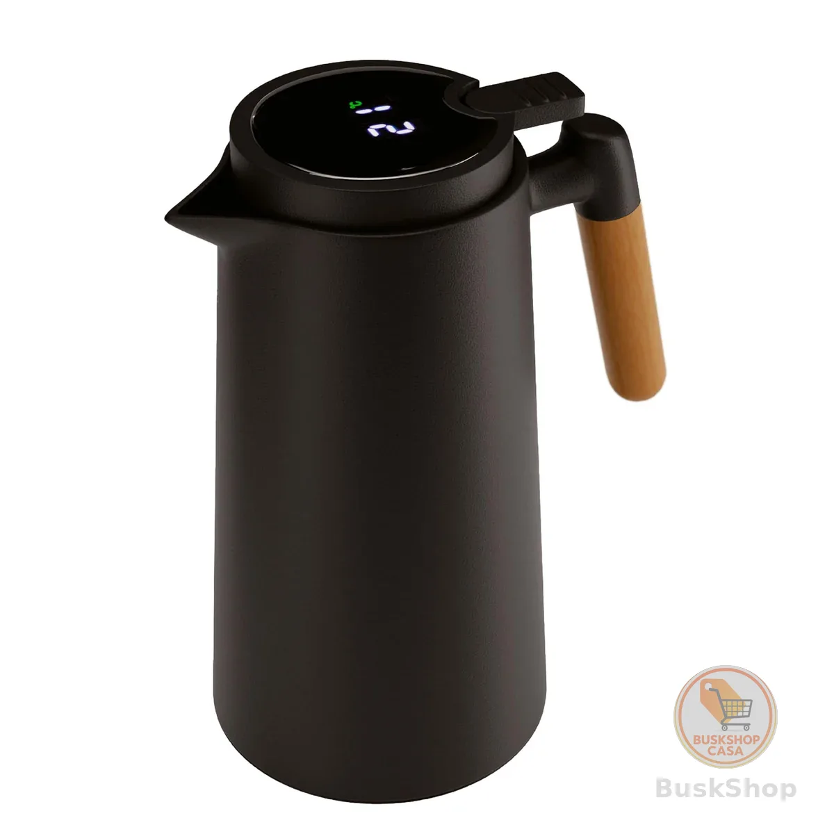 LYOR - Garrafa Térmica de Plástico com Cabo de Madeira e Termômetro Tap Preta 1L - Utensílios de Cozinha - Mesa Posta - Decoração - Itens Para Casa - Perfeita Para Café e Chá
