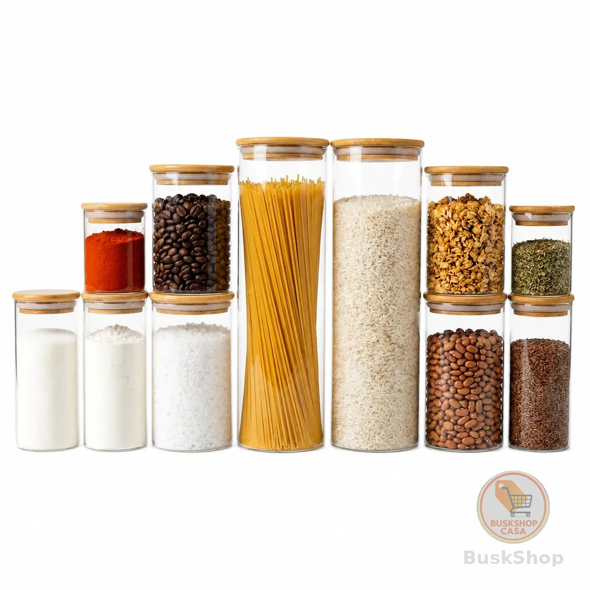 Kit 11 Potes de Vidro Herméticos com Tampa de Bambu para Mantimentos, Organizador de Cozinha, Porta Alimentos, Café, Açúcar, Grãos, Massas, Temperos e Cereais, Transparente Premium