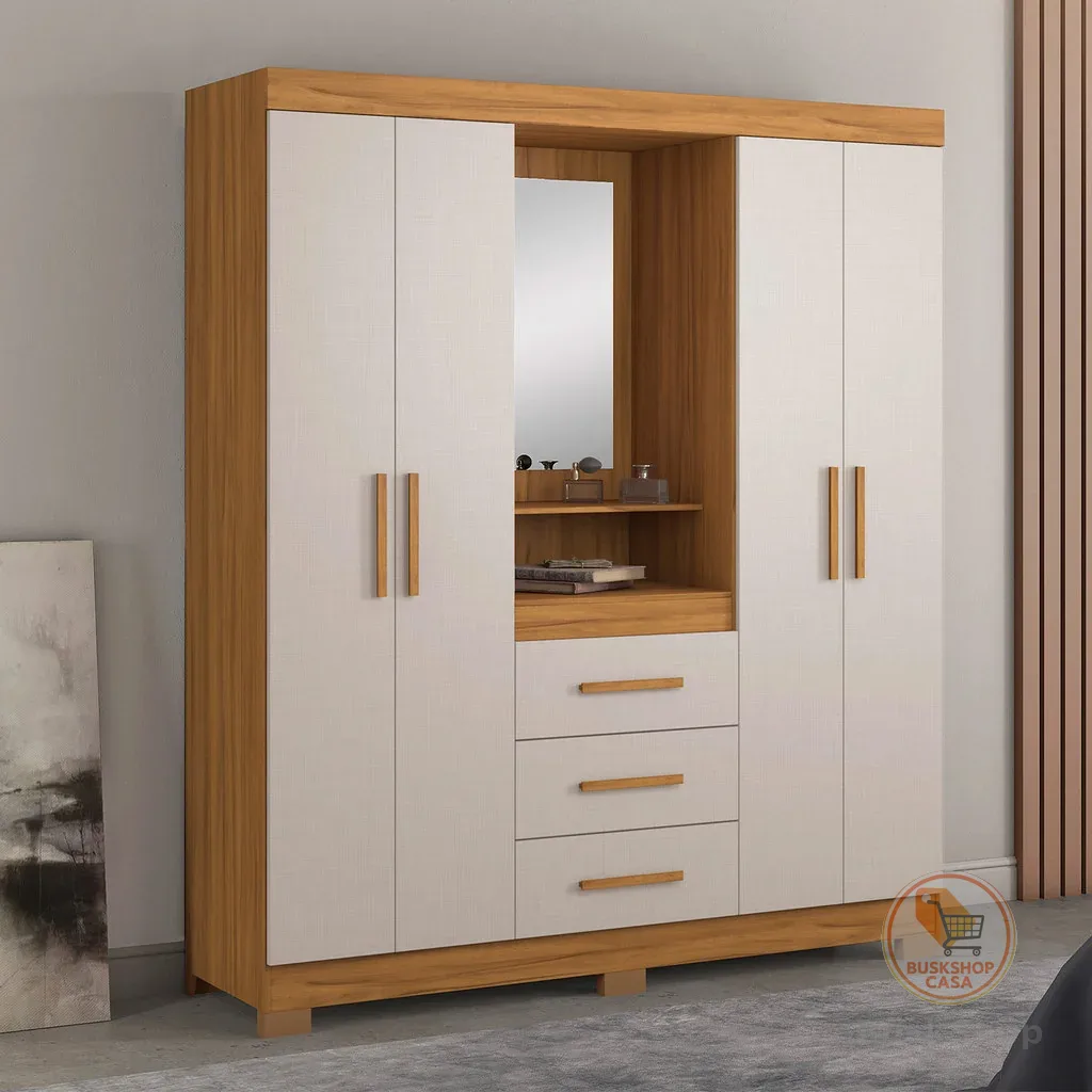 Guarda-Roupa Casal 4 Portas 3 Gavetas para Quarto com Espelho Grande Freijo com Off White - MoveisAqui