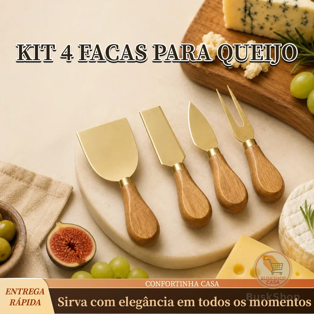 Kit 4 Facas Para Queijo Douradas Cabo Madeira Tábua Frios Aperitivos