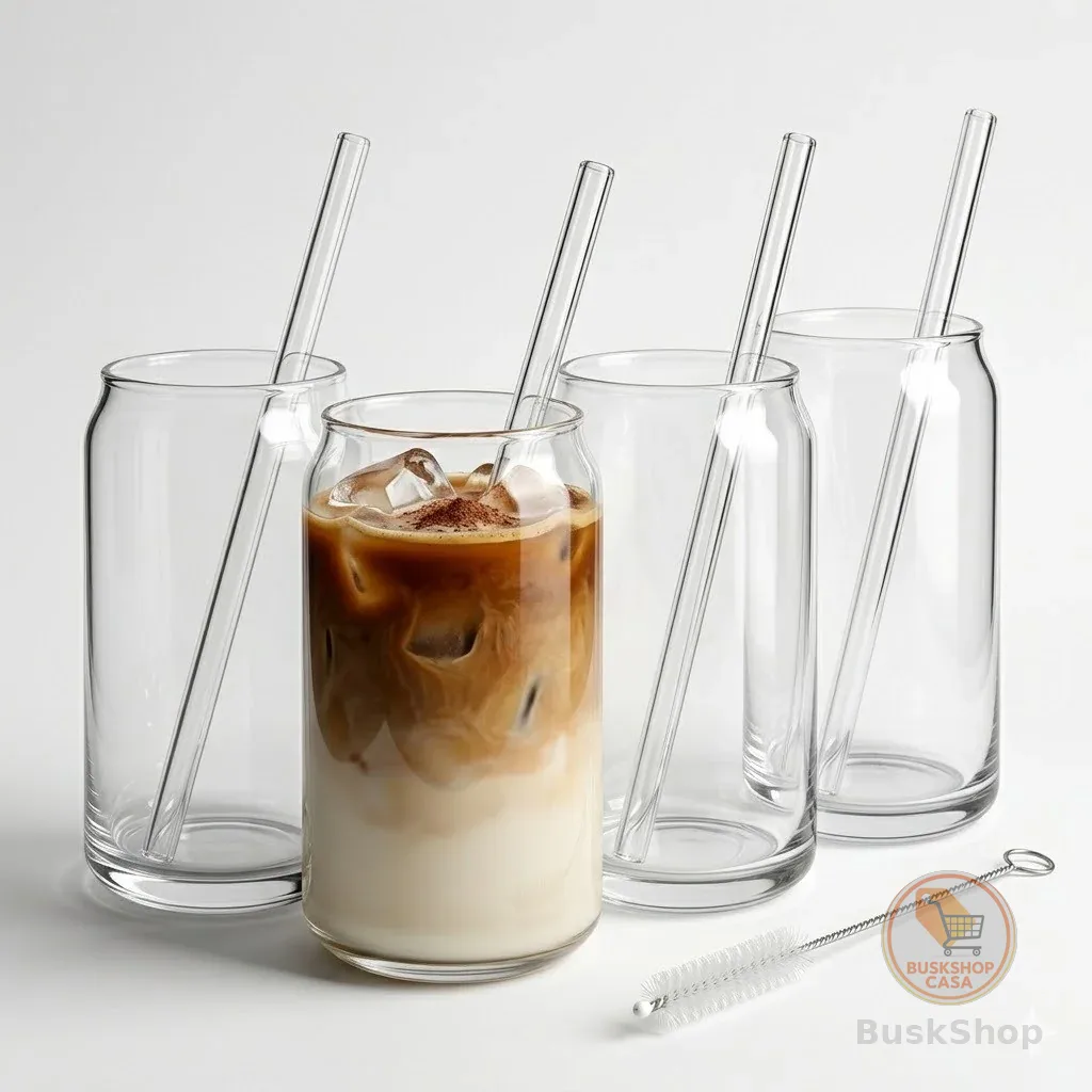 Kit 4 Copos Lata de Vidro 470ml + 4 Canudos de Vidro + Escova de Limpeza