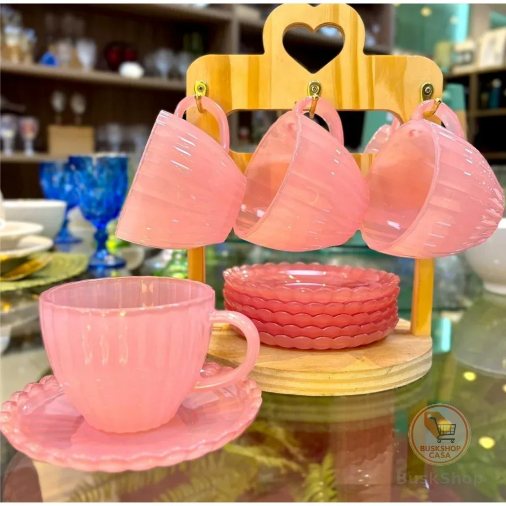 Conjunto Xícaras Com Pires Petala Rosa Cha e Cafe 12 Peças Transparente Vidro 100ml Decorada