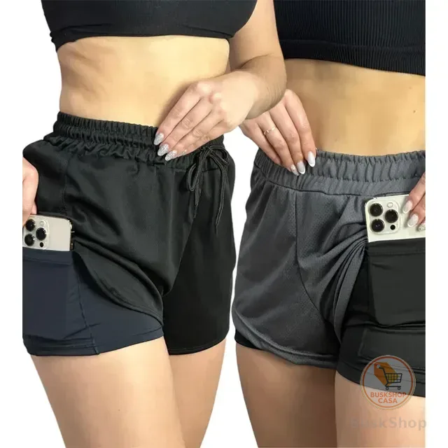 Kit 2 Shorts 2 Em 1 Feminino Academia Treino Bolso Interno