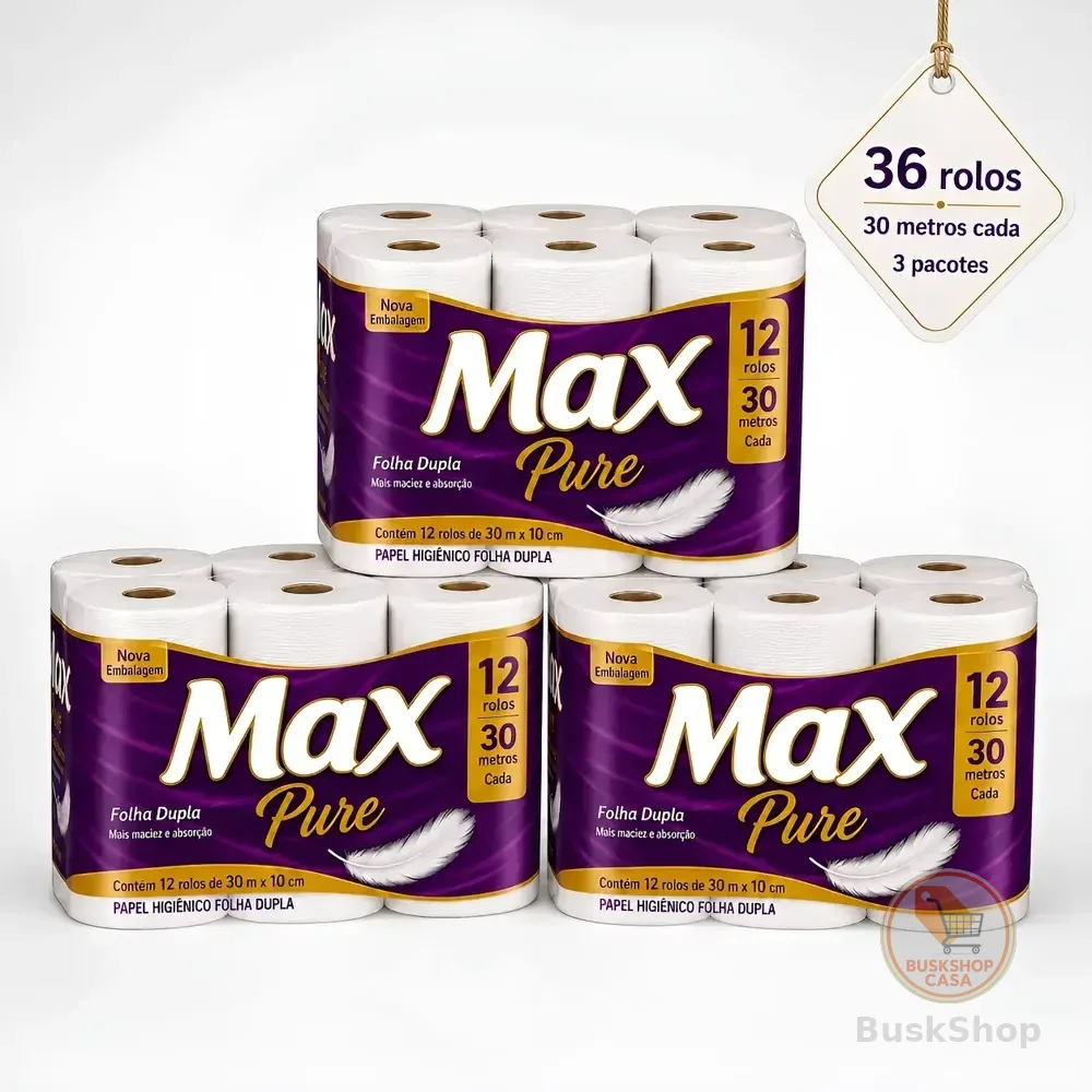 Papel Higiênico Max Pure 3 Pacotes 36 Rolos Folha Dupla 30m