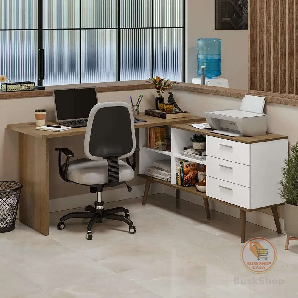Mesa de Escritório em L 3 Gavetas Branco/Rustic Lisboa Madesa