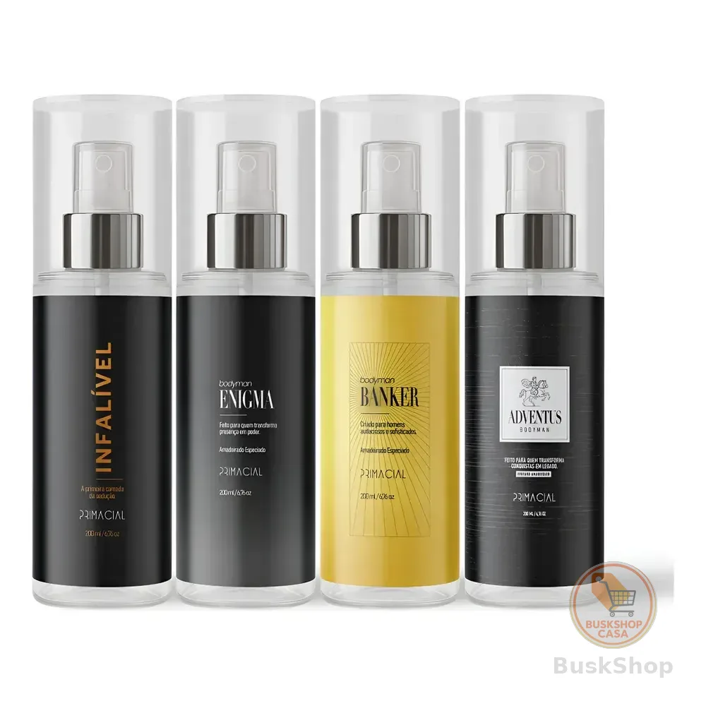 Kit Body Splash Masculino Infalivel + Enigma + Banker + Adventus 200ml - Primacial Perfume Amadeirado