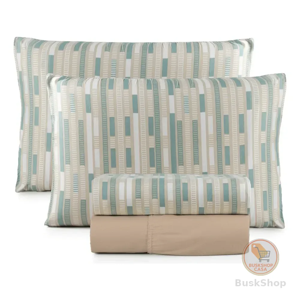 Jogo De Lençol Casal 400 Fios 4 Peças Conforto Premium Cama Listrado Verde Com Bege Estampado
