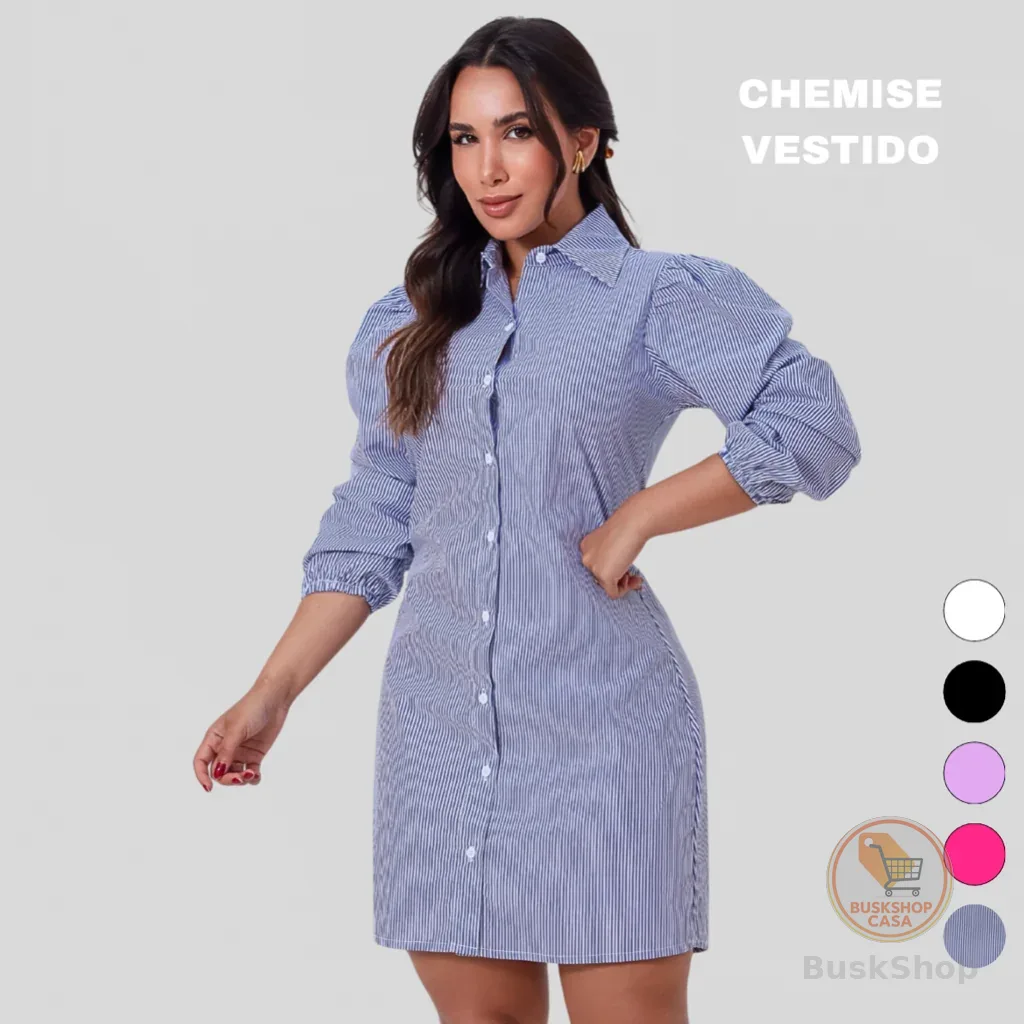 Chemise Vestido Curto Social Casual Manga Longa
