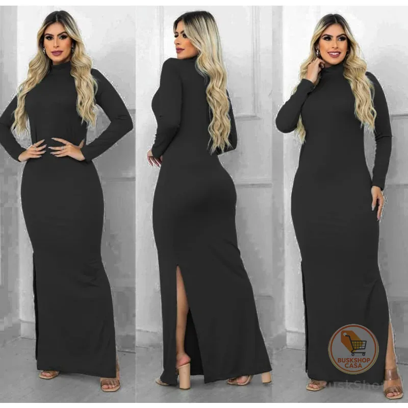 Vestido Longo com Fenda Lateral Manga Longa Gola Alta em Malha Canelada
