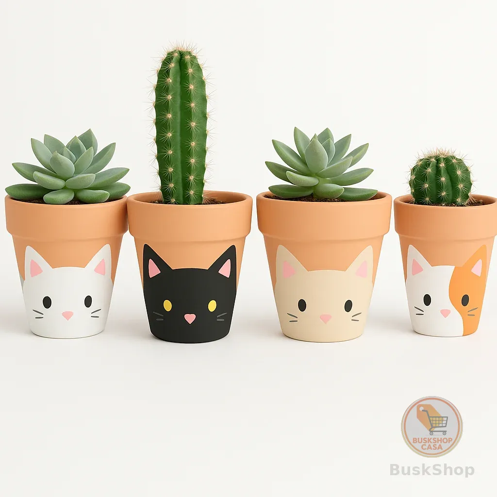 Kit 4 Vasos de Cerâmica Gatinho De Suculentas e Cactos – Decorativos, Feitos à Mão, Estilo Fofo para Jardim, Varanda