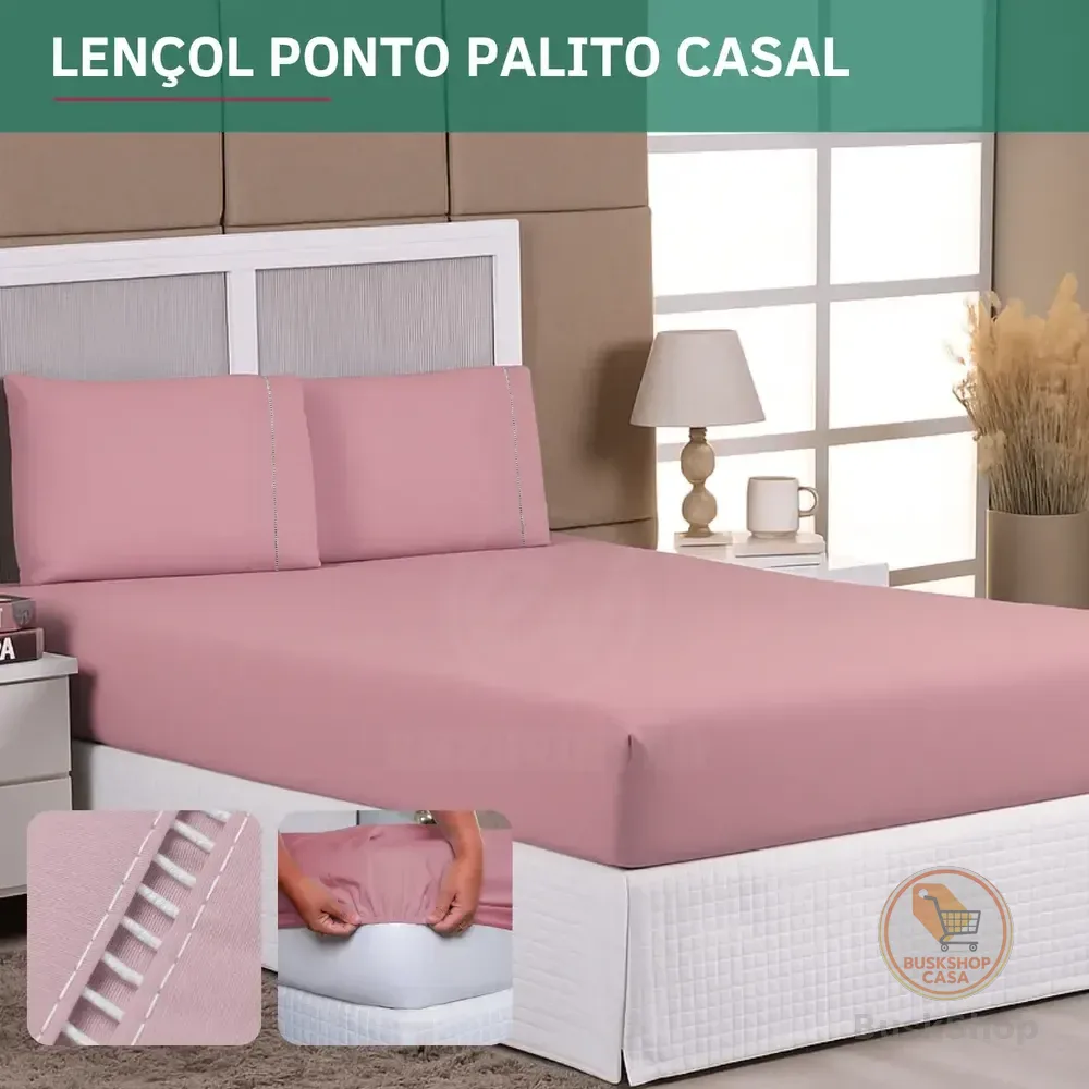 Kit Jogo De Lençol Casal C/ Elástico 400 Fios E Fronha Ponto Palito 3 Peças Toque Macio Confortável Cor Rose Premium Liso