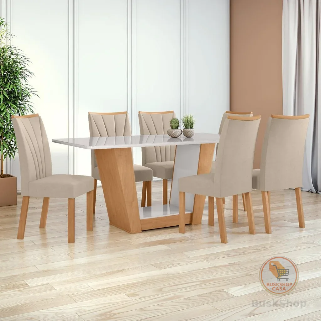 Mesa 1,70 Apogeu com Vidro e 6 cadeiras.Apogeu Veludo Naturale Creme Amêndoa Clean/Off White
