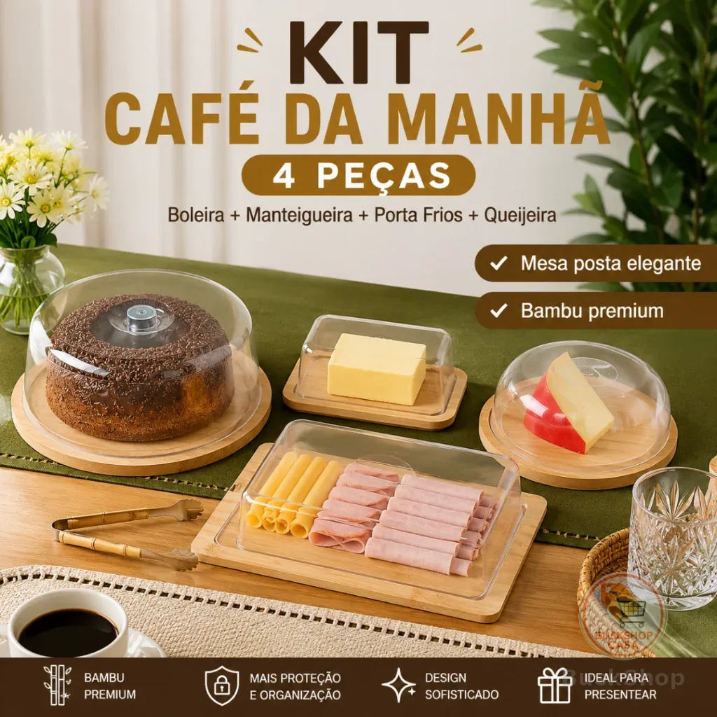 Kit Café da Manhã Boleira + Manteigueira + Porta Frios Bambu + Queijeira Em Bambu Tampa Acrílico Mesa Posta