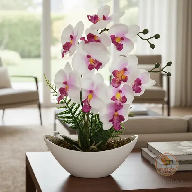 Arranjo de Orquídea Artificial Com Vaso Barca Luxuoso