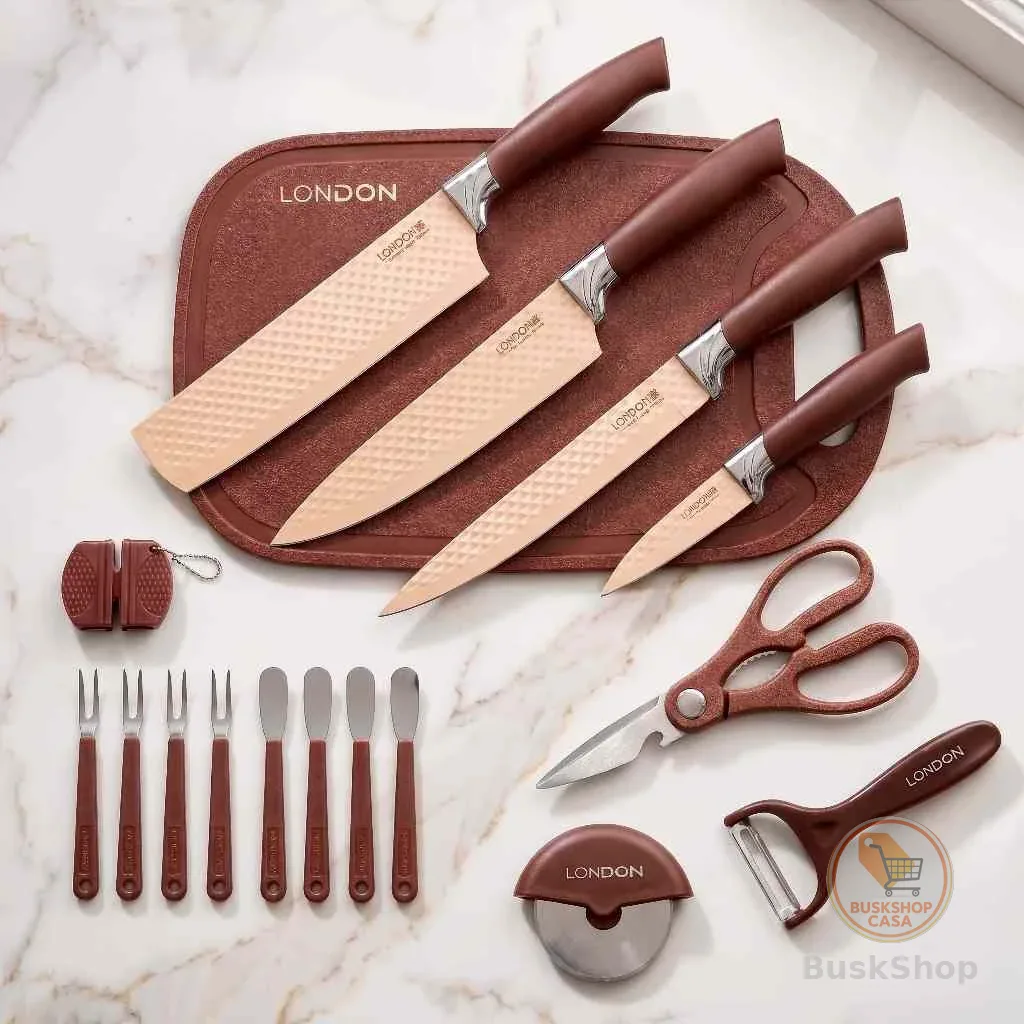 Conjunto De Facas Aço Carbono 17 Peças Antiaderente Com Cabo Reforçado Descascador E Tesoura Cozinha London