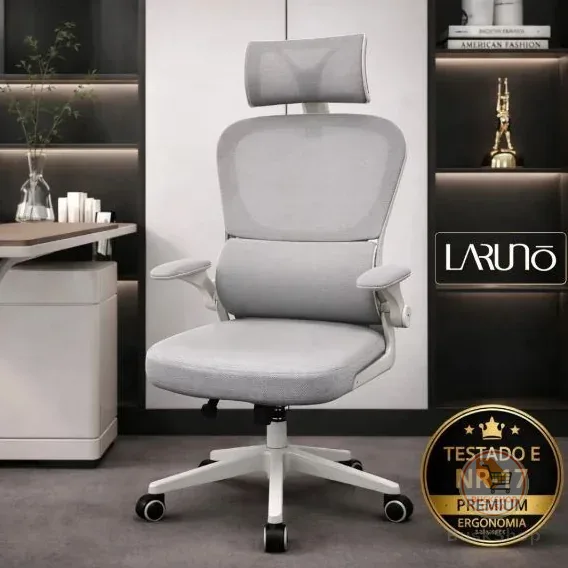 Cadeira de Escritório Ergonômica cinza Giratória com Apoio Lombar e Braços Ajustáveis - LARUNO