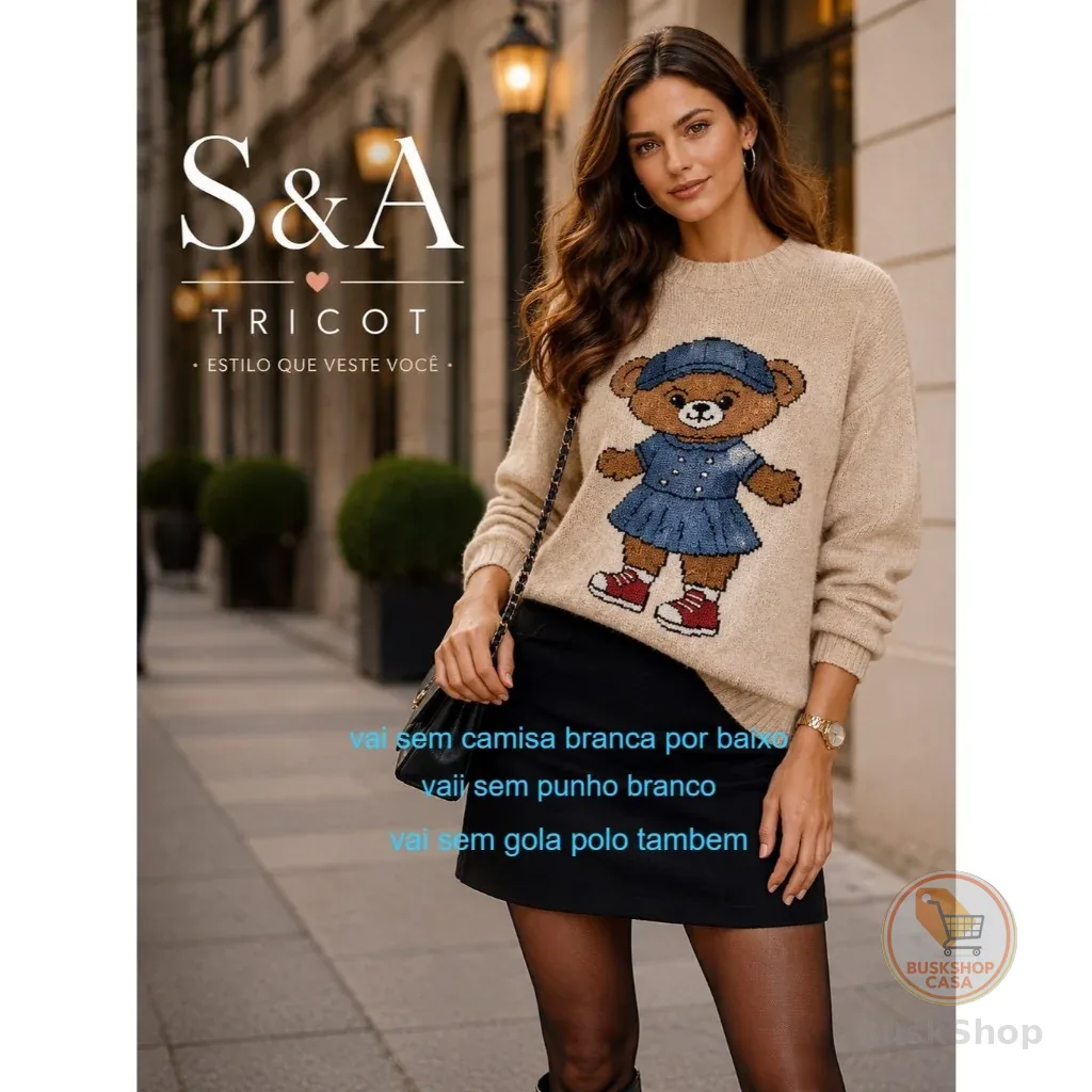 Blusa Suéter Tricot Bear Ursinho  Detalhe Fio Mousse Lançamento 2026 Outono Inverno Novidade