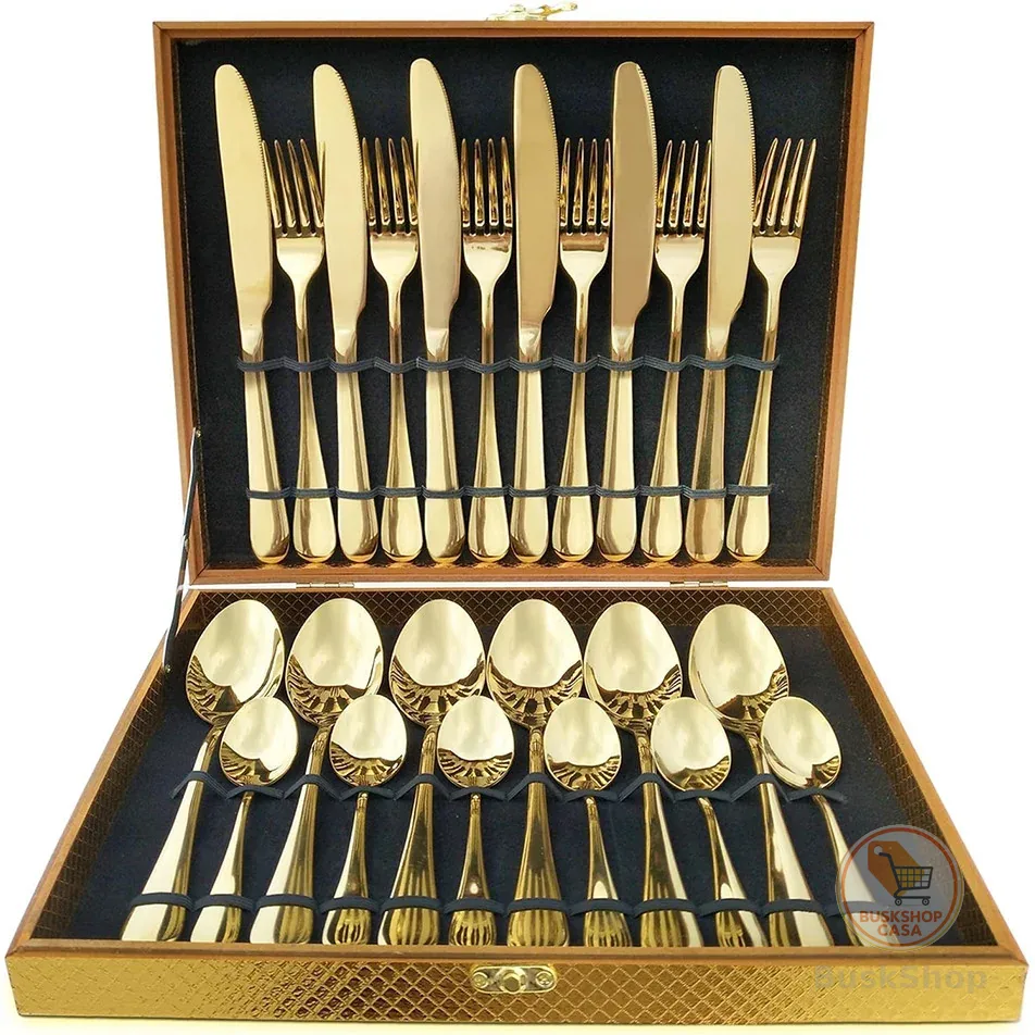 Kit Faqueiro Maleta De Talheres Inox 24 Peças Com Dourado Chique / Prata Luxo