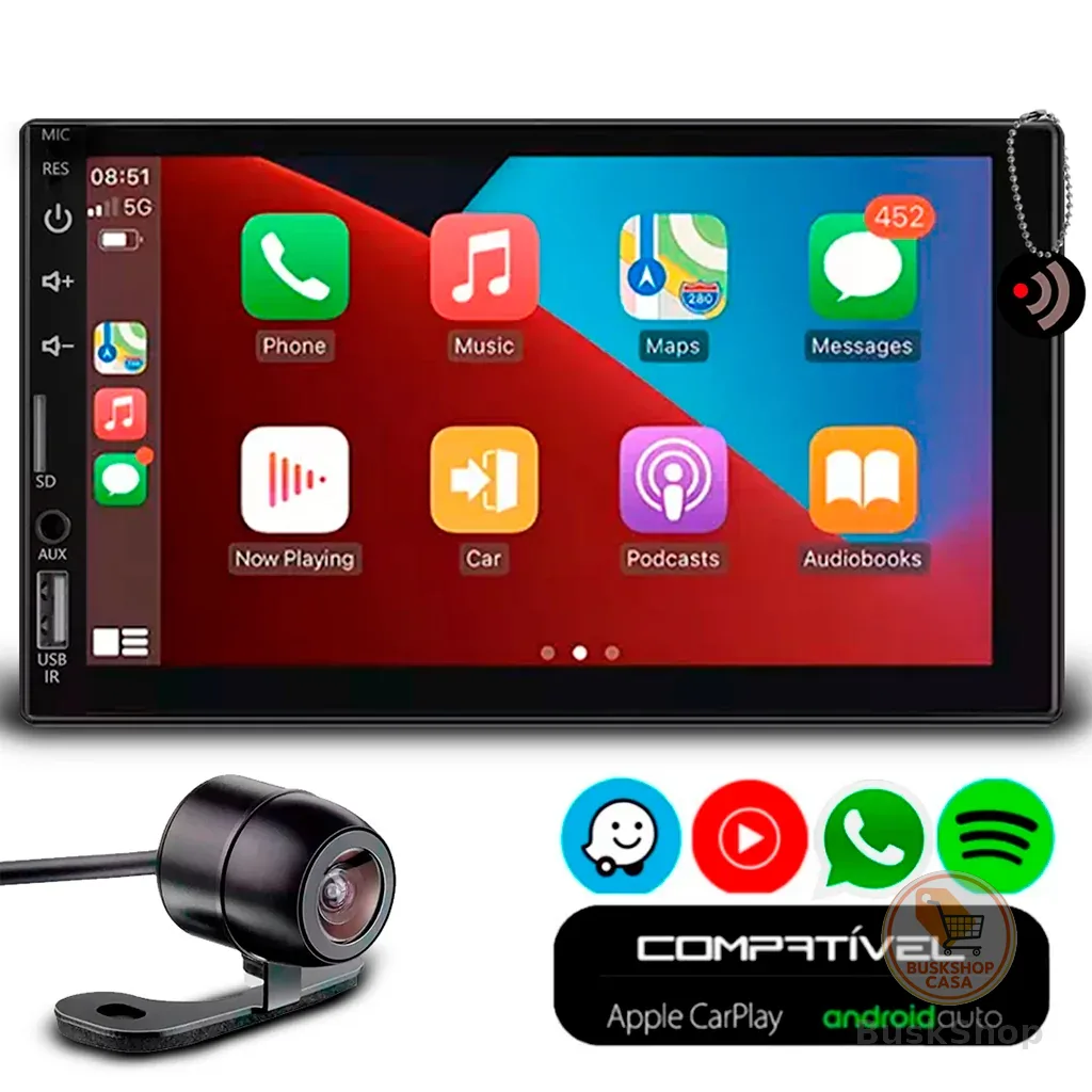 Kit Multimídia 7 Polegadas CarPlay e Android Auto Bluetooth Usb Full Touch + Câmera de Ré Universal Preta