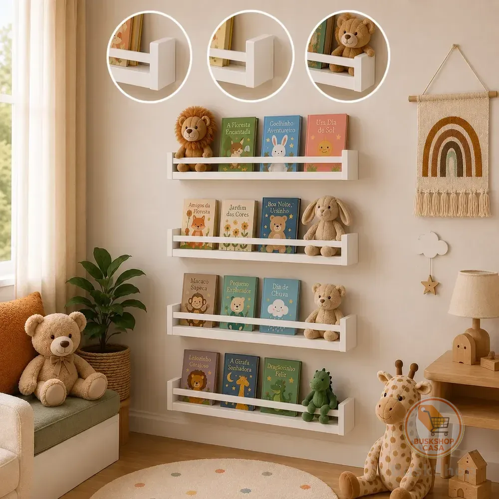 Combo 4 Prateleira Nicho Livros Infantil 50cm Mdf Branco Branco