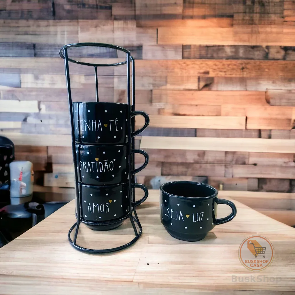Jogo De Xícaras Café Chá Preta Com Suporte Kit 4 Canecas Poá