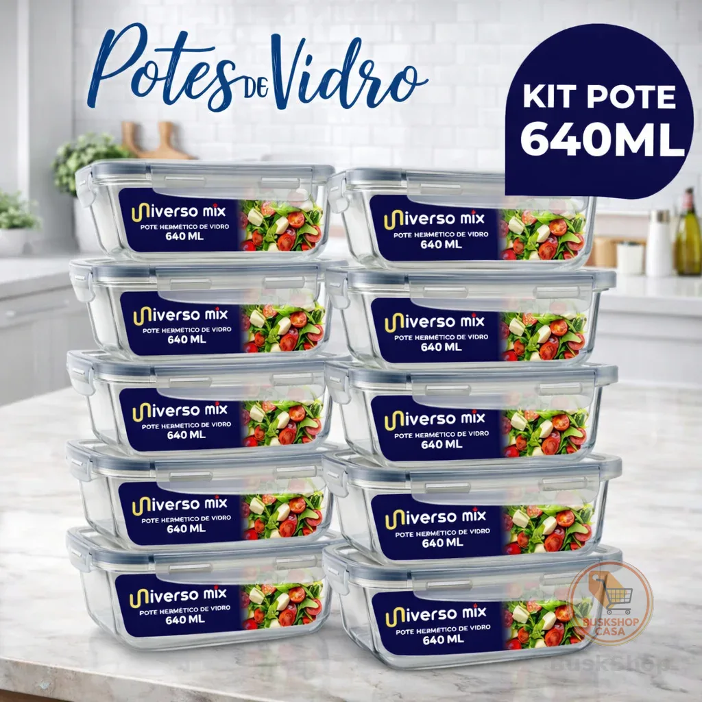 Kit 10 Potes Herméticos De Vidro 640ml Retangular Com Tampa Hermética 4 Travas Marmita Fitness Freezer Cozinha