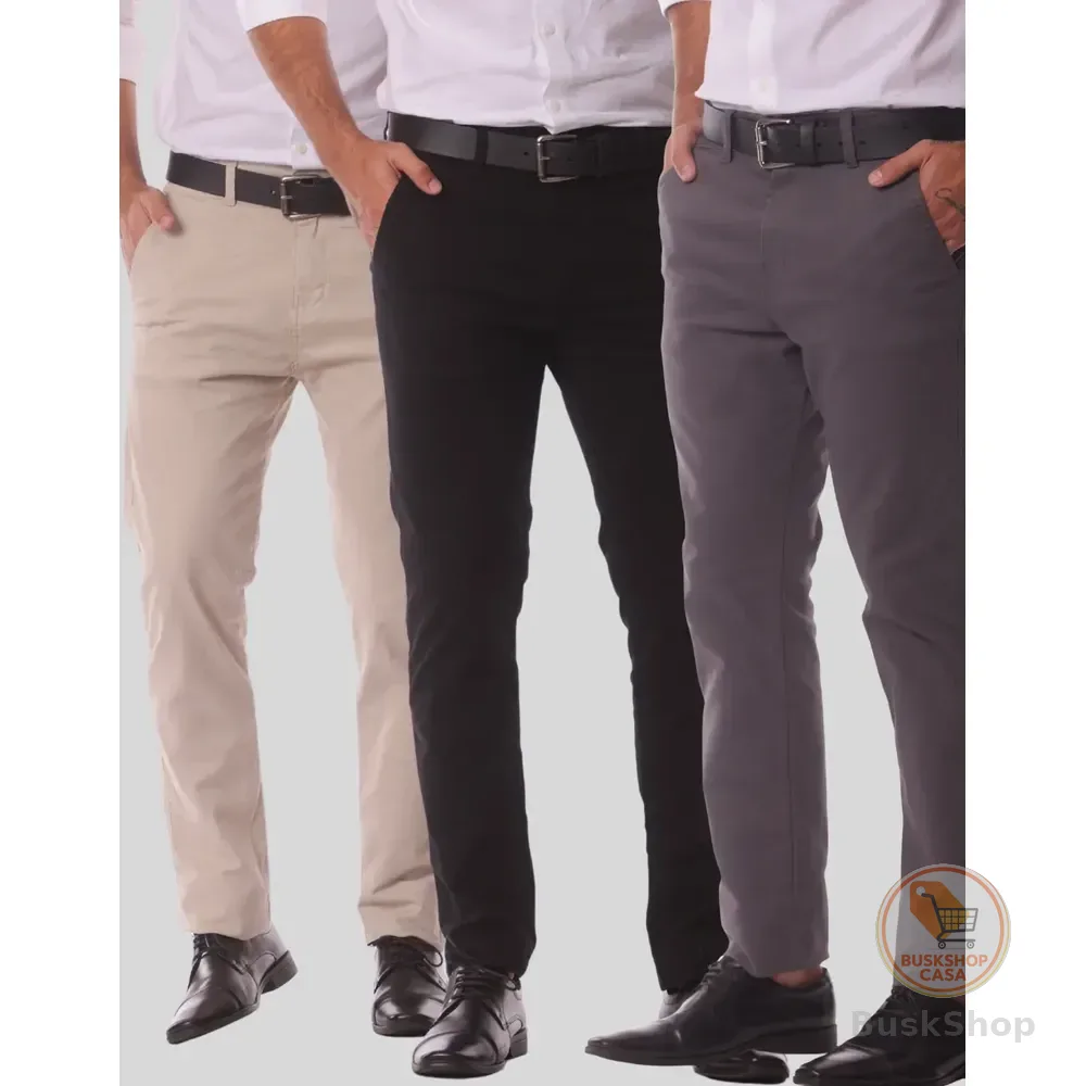 Kit 3 Calça Masculina Sarja Slim Alfaitaria Esporte Fino Preto-bege-chumbo 36