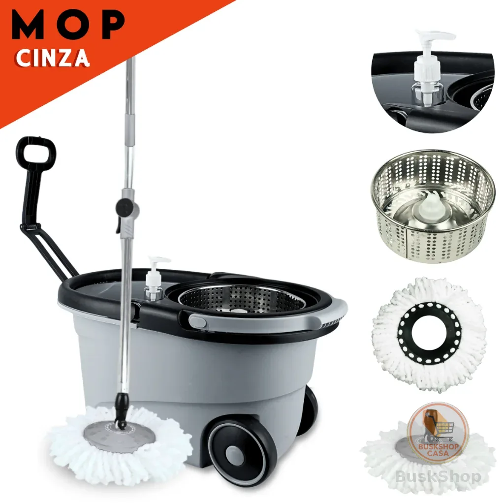 Mop Giratório Cesto Em Inox C/ Rodas e Alça Cabo de 150 cm  Kit Completo Para Limpeza Cinza - SHEFA