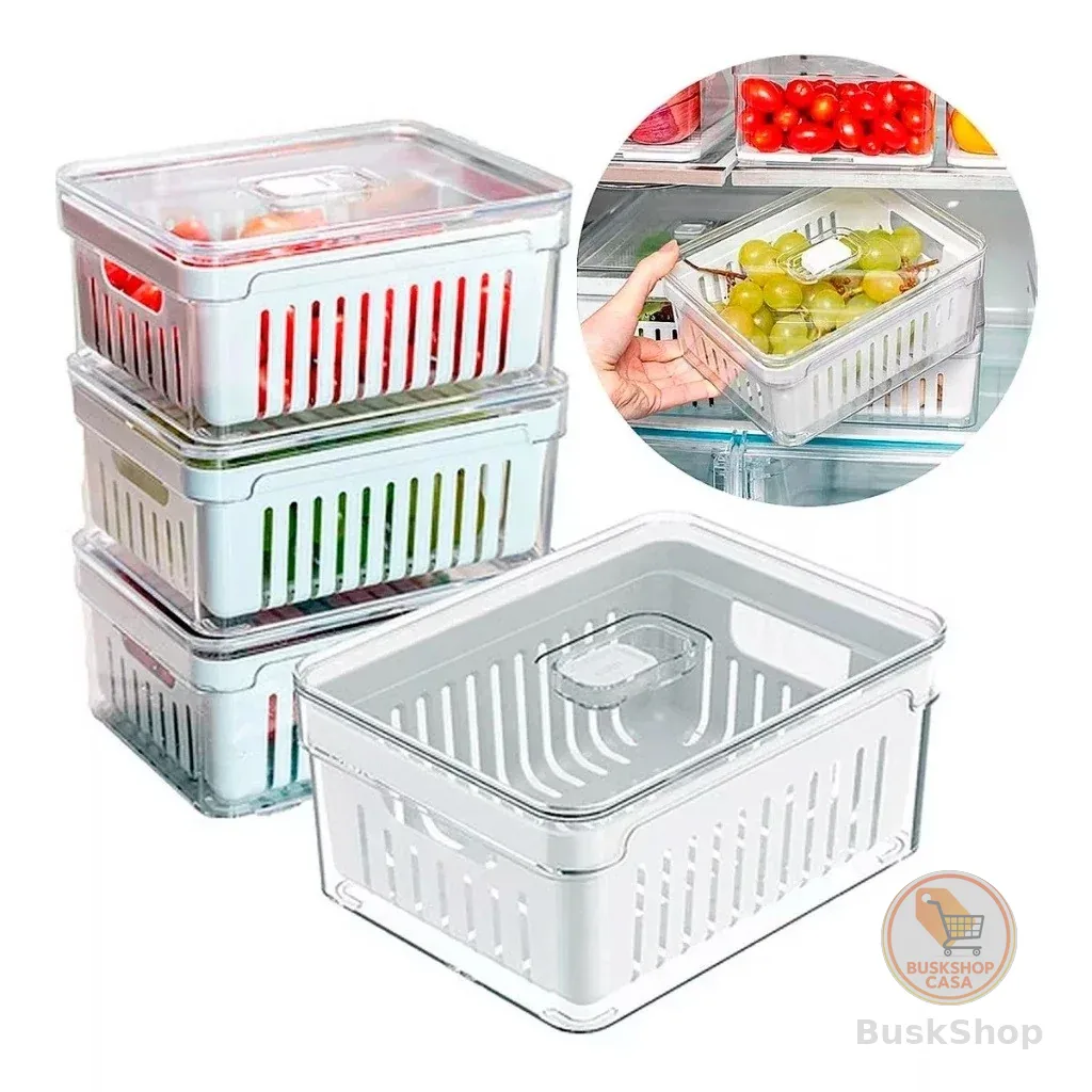 Kit 4 Organizadores Geladeira 2,2 Litros Acrílico Com Cesto para Alimentos Vegetais Cozinha Ou