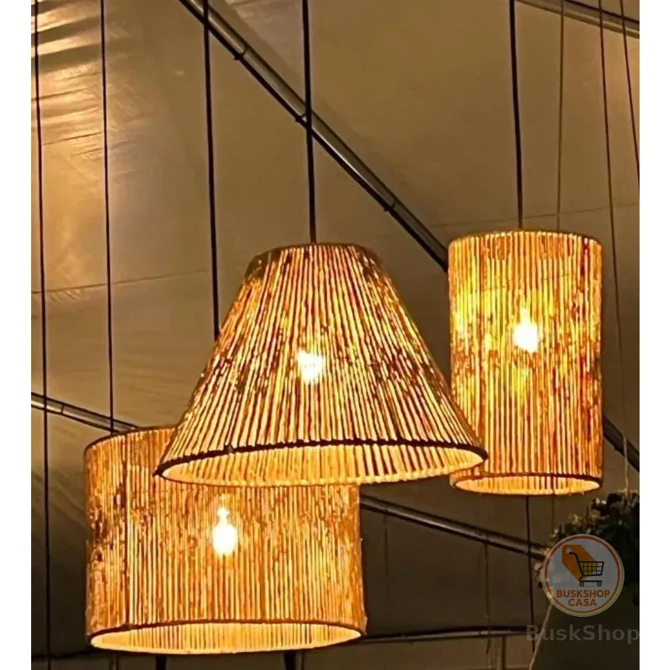 Composição De Pendentes De Teto Em Palha de Milho Natural 3 Modelos Redondo Sala Casa Área Gourmet