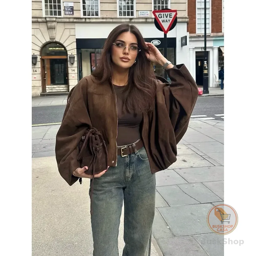 Jaqueta Bomber Feminina Curta Em Suede Com Zíper Marrom 2xl