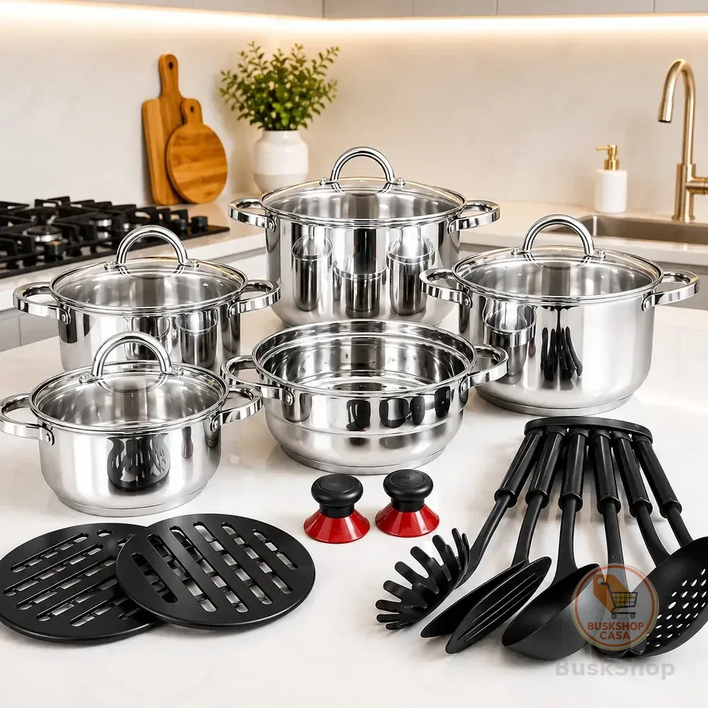Jogo Panelas Inox 19 Peças Genebra Completo C/ Utensílios Prateado